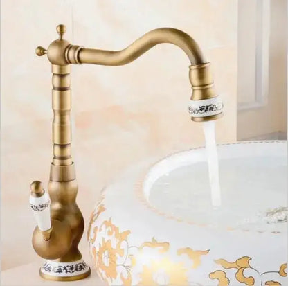Antique brass porcelain basin mixer kitchen faucet with floral detail