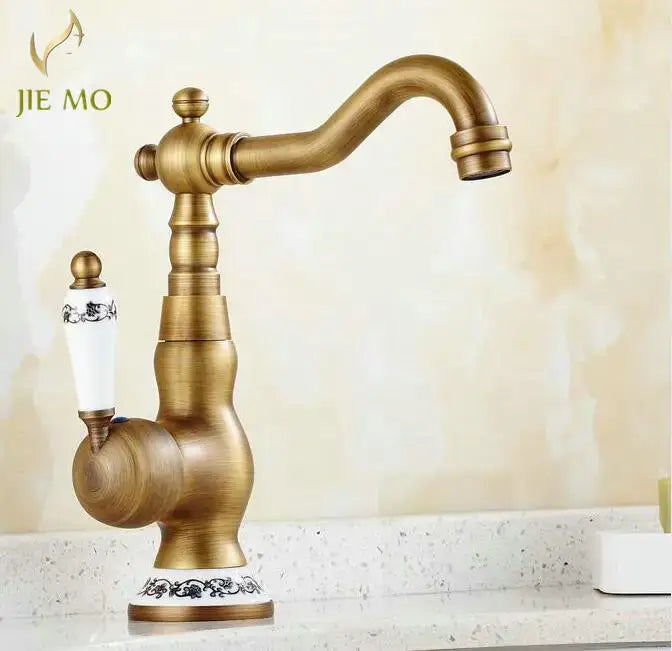 Antique brass porcelain basin mixer kitchen faucet with floral detail