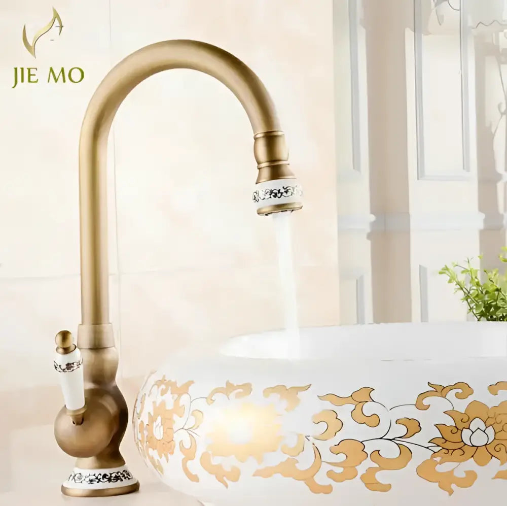 Antique brass porcelain basin mixer kitchen faucet with floral detail