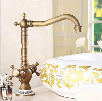 Antique brass porcelain basin mixer kitchen faucet with floral detail