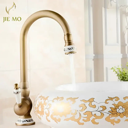 Antique brass porcelain basin mixer kitchen faucet with floral detail