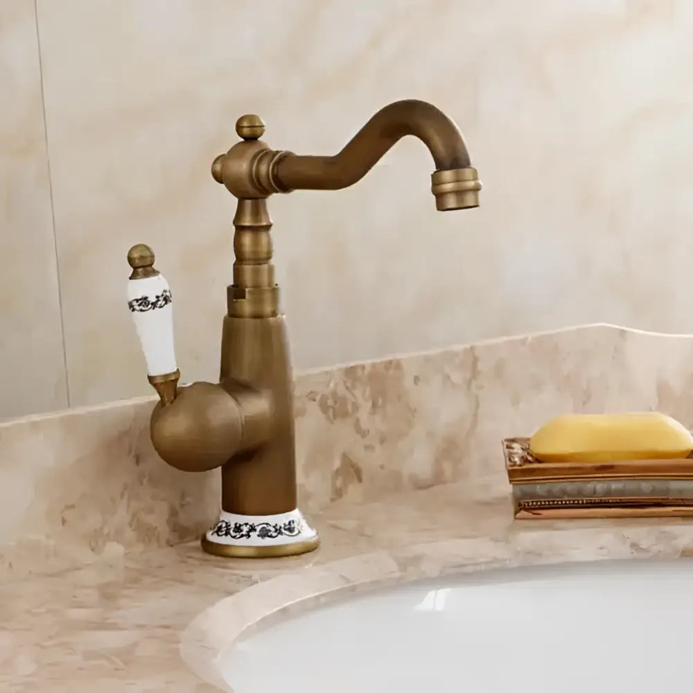Antique brass porcelain basin mixer kitchen faucet with floral detail