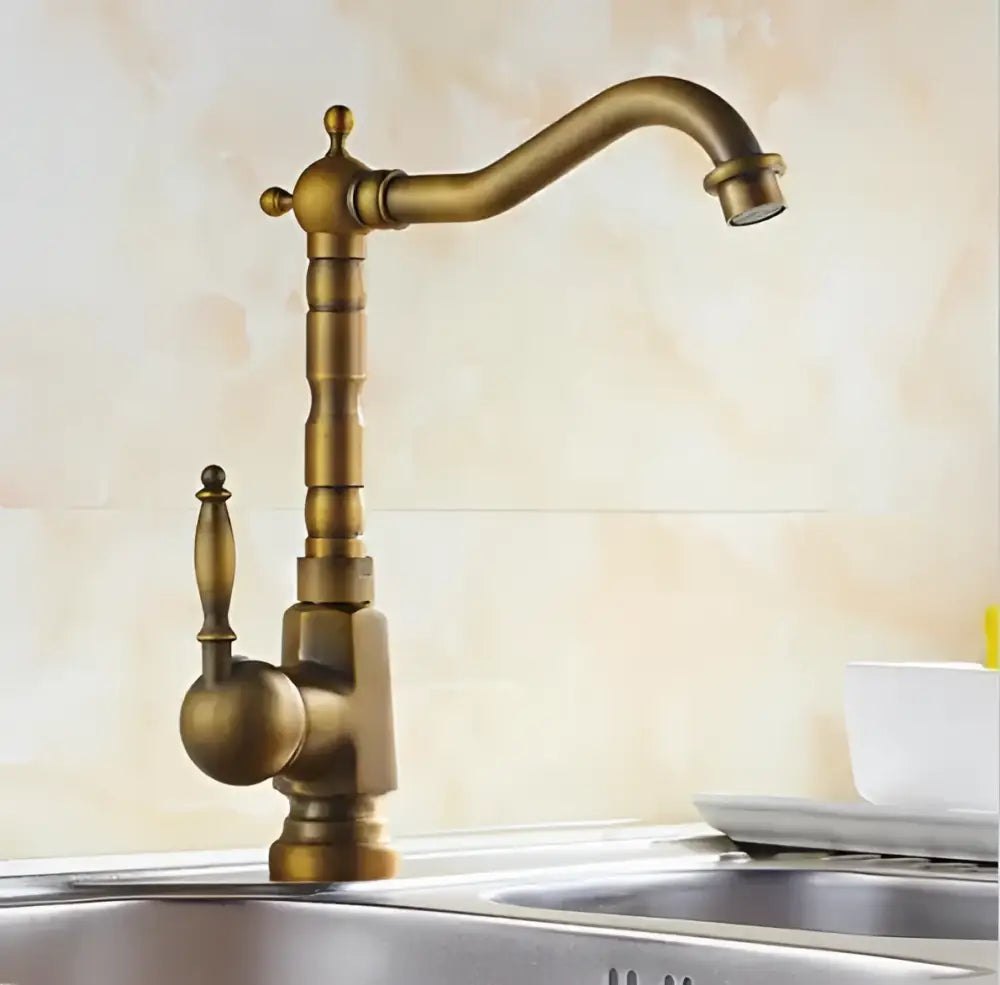 Antique brass porcelain basin mixer kitchen faucet with floral detail
