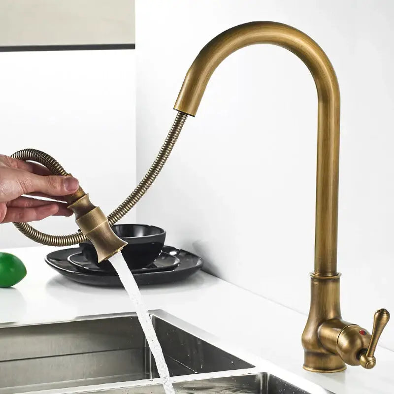 Antique brass pull out kitchen faucet with stream sprayer – kitchen