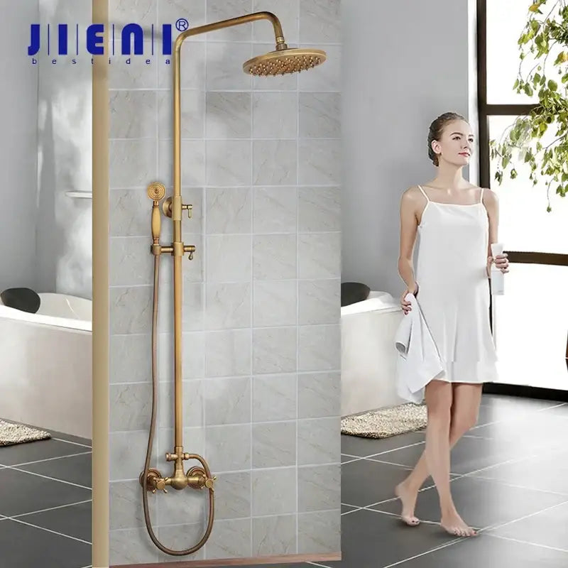 Antique brass rainfall shower faucet set with handheld spray for bathroom