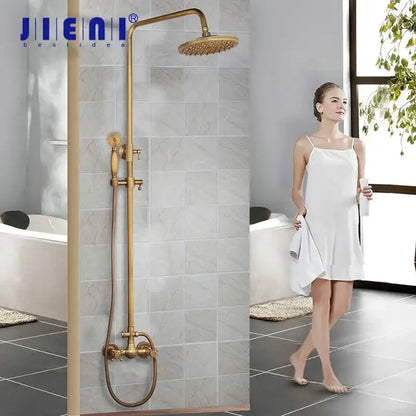 Antique brass rainfall shower faucet set with handheld spray for bathroom