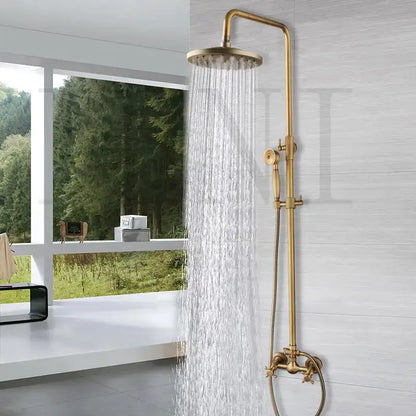 Antique brass rainfall shower faucet set with handheld spray for bathroom