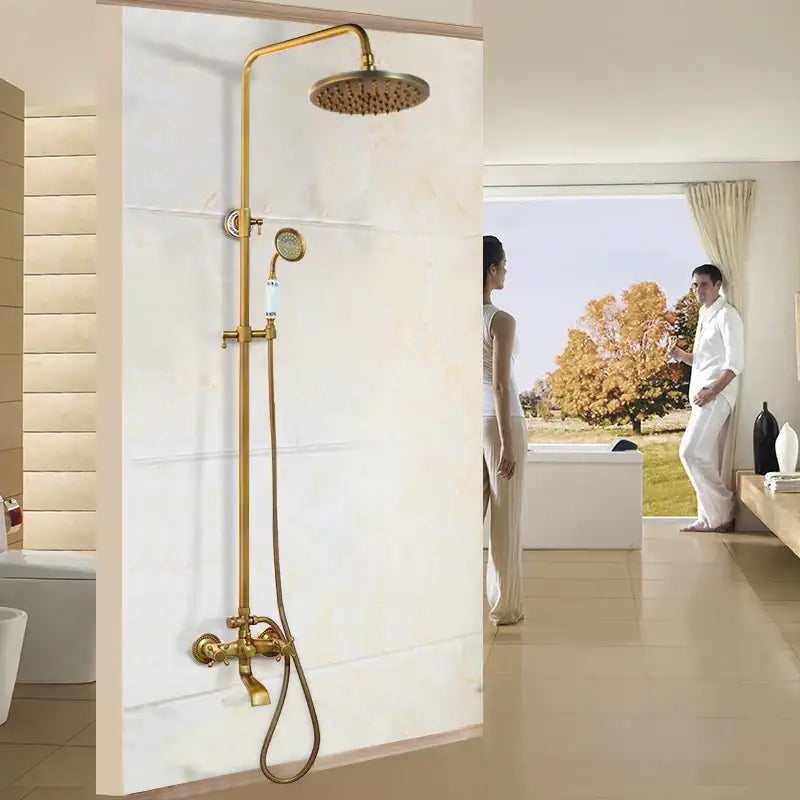 Antique brass rainfall shower faucet set with handheld spray for bathroom