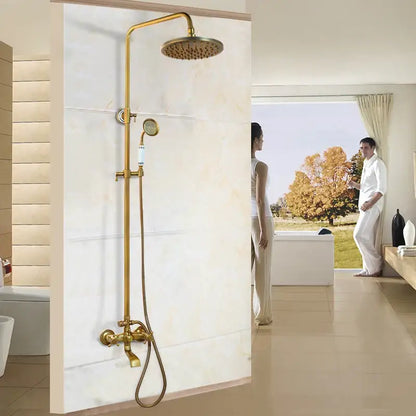 Antique brass rainfall shower faucet set with handheld spray for bathroom