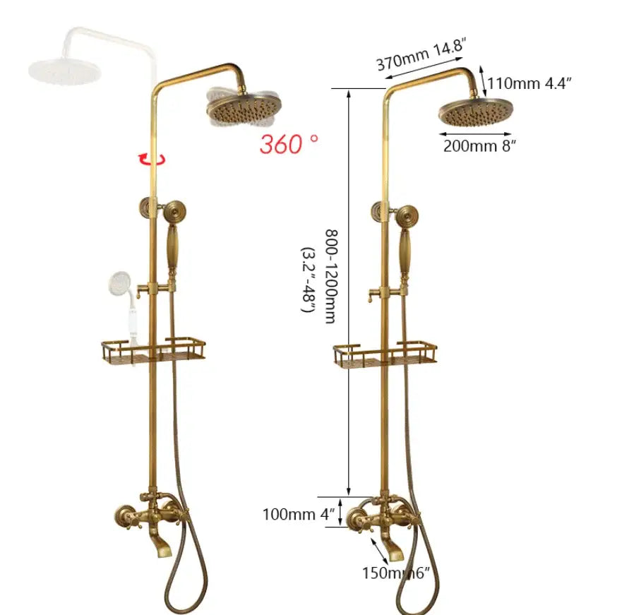 Antique brass rainfall shower faucet set with handheld spray for bathroom