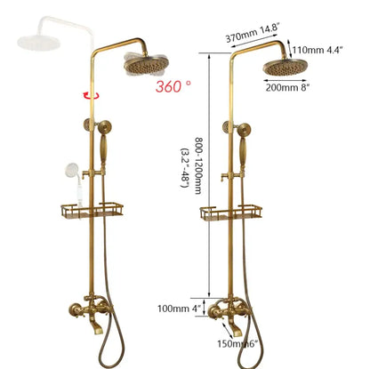 Antique brass rainfall shower faucet set with handheld spray for bathroom