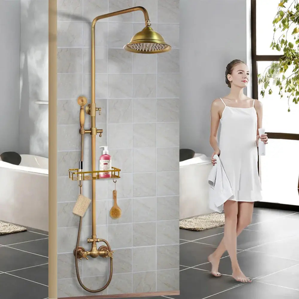 Antique brass rainfall shower faucet set with handheld spray for bathroom