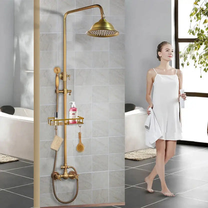 Antique brass rainfall shower faucet set with handheld spray for bathroom