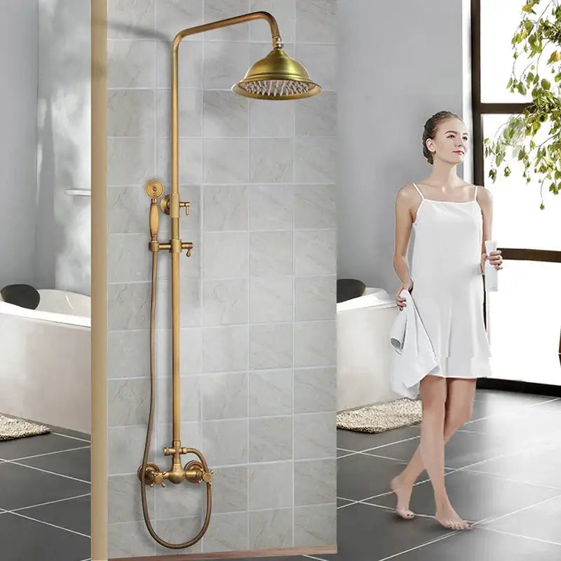 Antique brass rainfall shower faucet set with handheld spray for bathroom