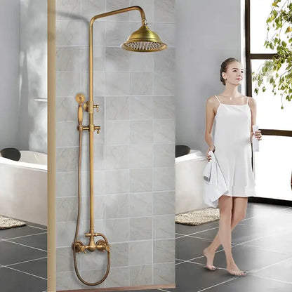 Antique brass rainfall shower faucet set with handheld spray for bathroom