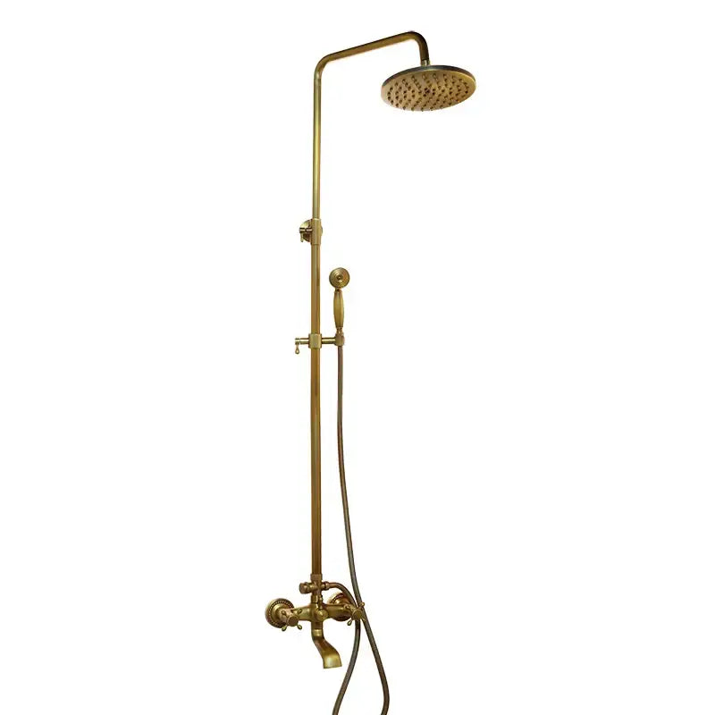 Antique brass rainfall shower faucet set with handheld spray for bathroom