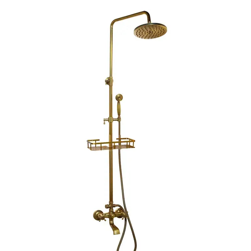 Antique brass rainfall shower faucet set with handheld spray for bathroom