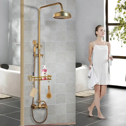 Antique brass rainfall shower faucet set with handheld spray for bathroom