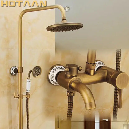 Antique brass rainfall shower faucet set with porcelain knobs bathroom