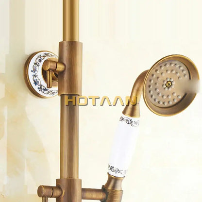 Antique brass rainfall shower faucet set with porcelain knobs bathroom