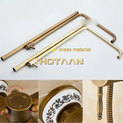Antique brass rainfall shower faucet set with porcelain knobs bathroom