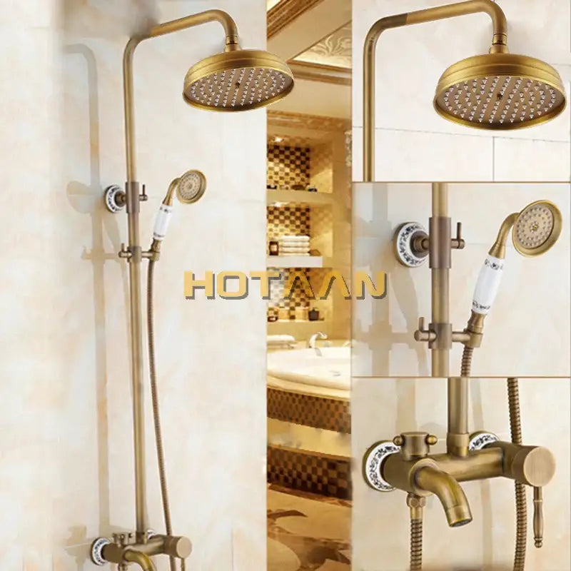 Antique brass rainfall shower faucet set with porcelain knobs bathroom