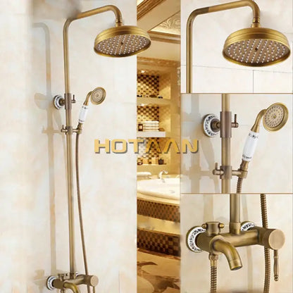 Antique brass rainfall shower faucet set with porcelain knobs bathroom