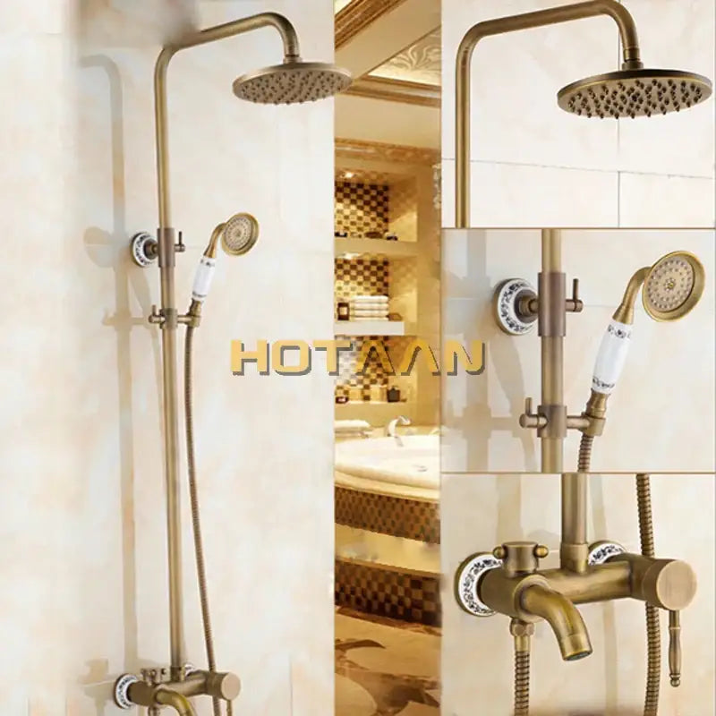 Antique brass rainfall shower faucet set with porcelain knobs bathroom