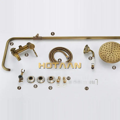 Antique brass rainfall shower faucet set with porcelain knobs bathroom
