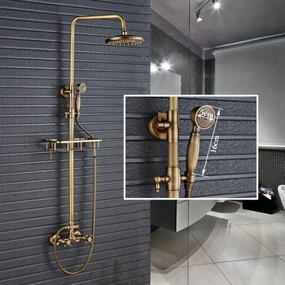 Antique brass rainfall shower faucet set with shelf – bathroom