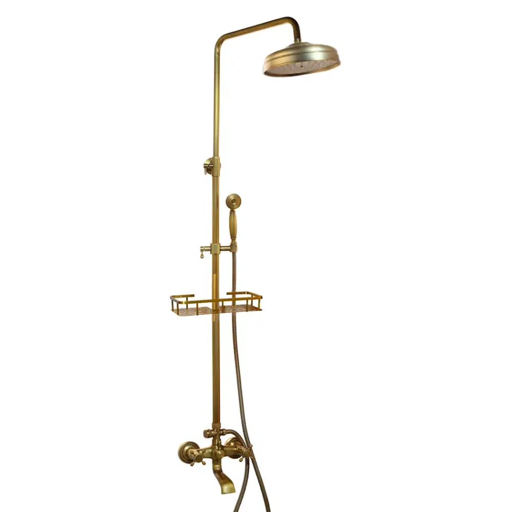 Antique brass rainfall shower faucet set with shelf – bathroom