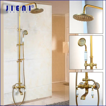 Antique brass rainfall shower faucet set with shelf – bathroom