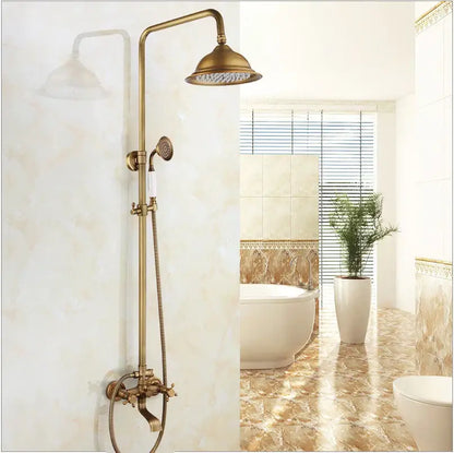 Antique brass rainfall shower faucet set with shelf – bathroom