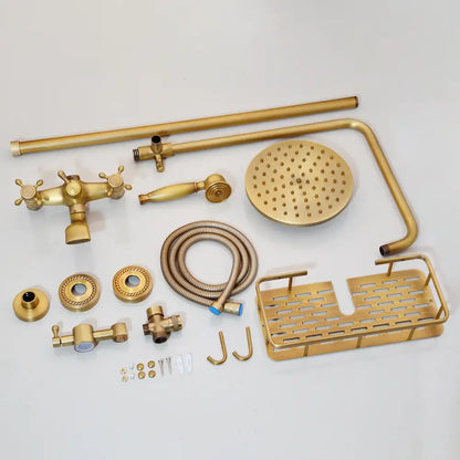 Antique brass rainfall shower faucet set with shelf – bathroom