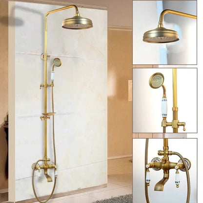 Antique brass rainfall shower faucet set with shelf – bathroom