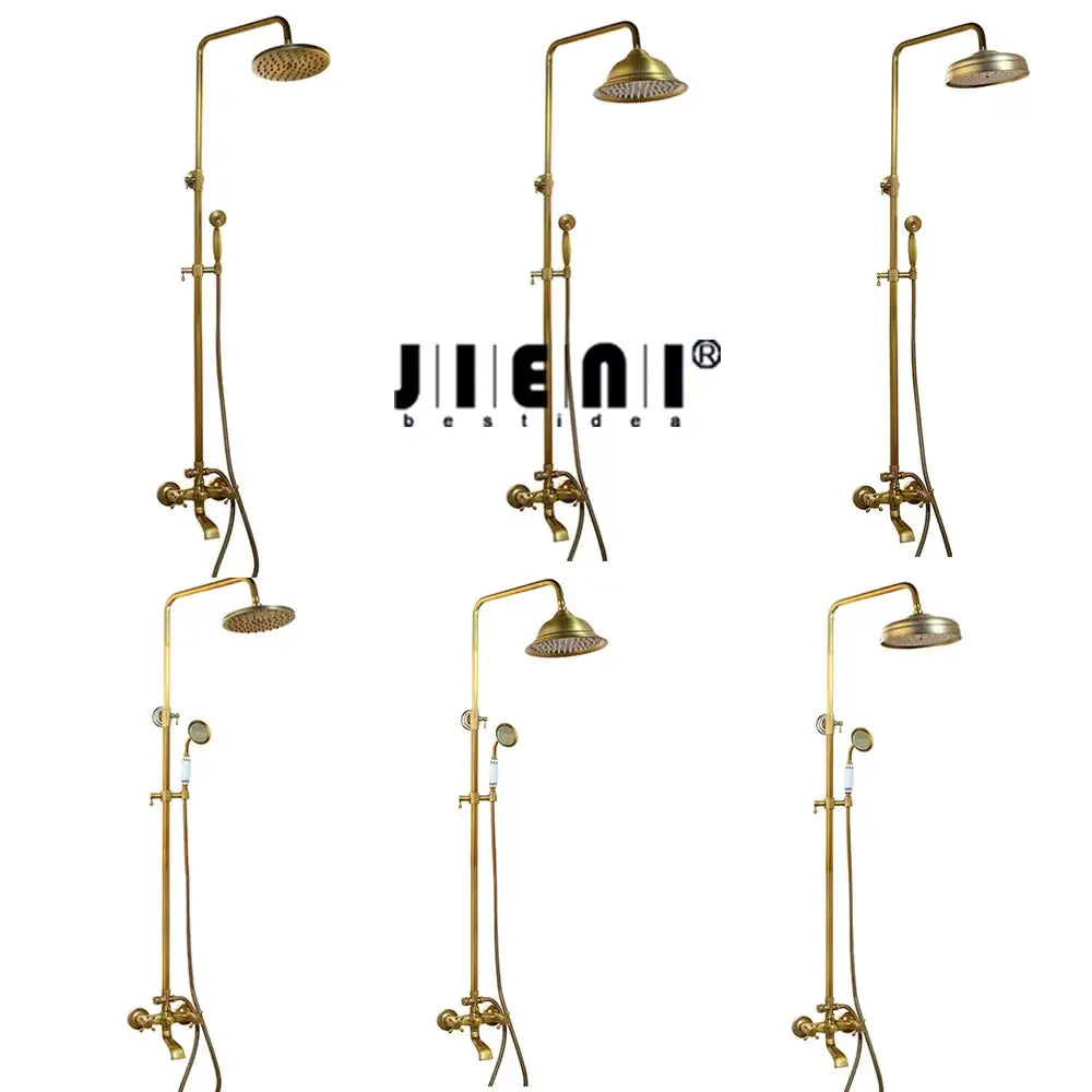 Antique brass rainfall shower faucet set with shelf – bathroom