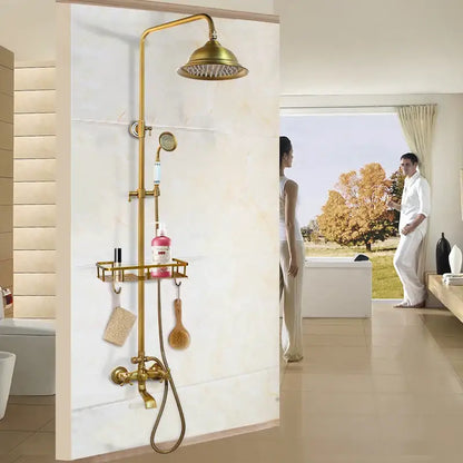 Antique brass rainfall shower faucet set with shelf – bathroom
