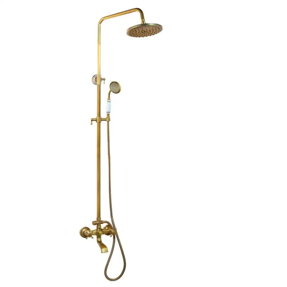 Antique brass rainfall shower faucet set with shelf – bathroom