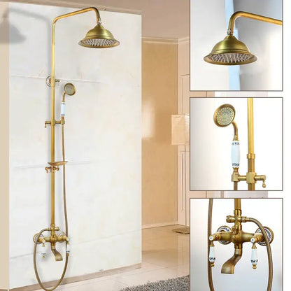 Antique brass rainfall shower faucet set with shelf – bathroom