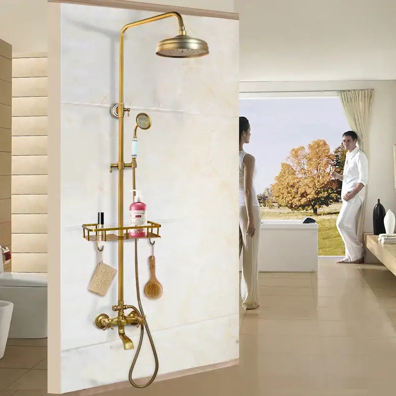 Antique brass rainfall shower faucet set with shelf – bathroom