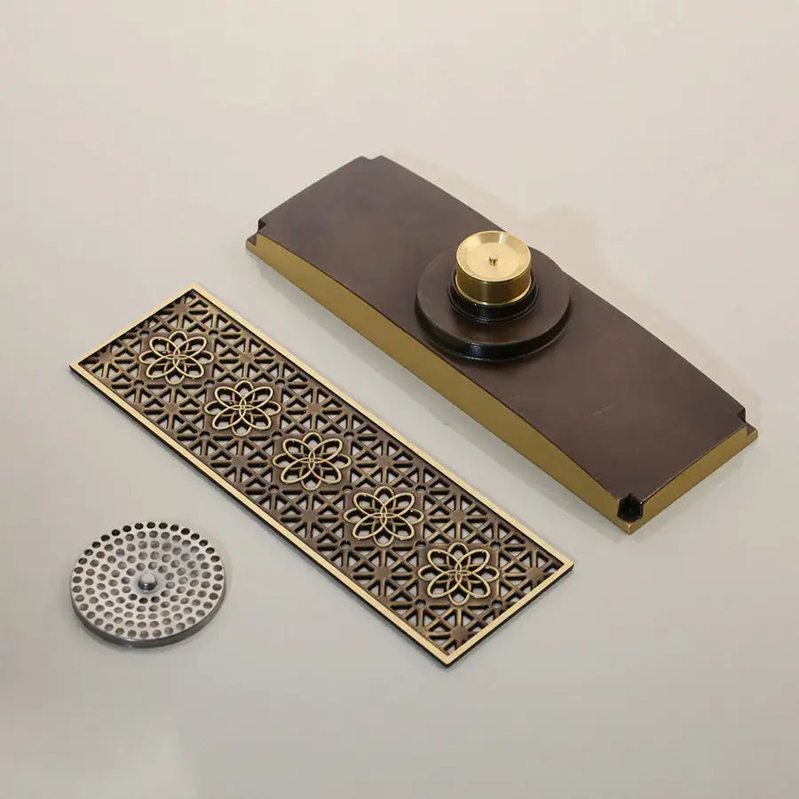 Antique brass floral rectangle floor drain strainer bathroom decor