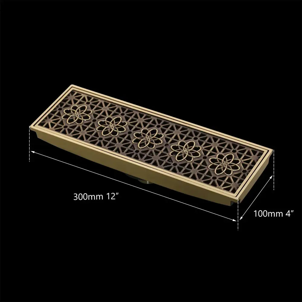 Antique brass floral rectangle floor drain strainer bathroom decor