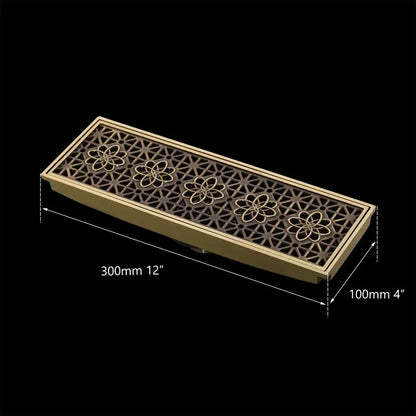 Antique brass floral rectangle floor drain strainer bathroom decor