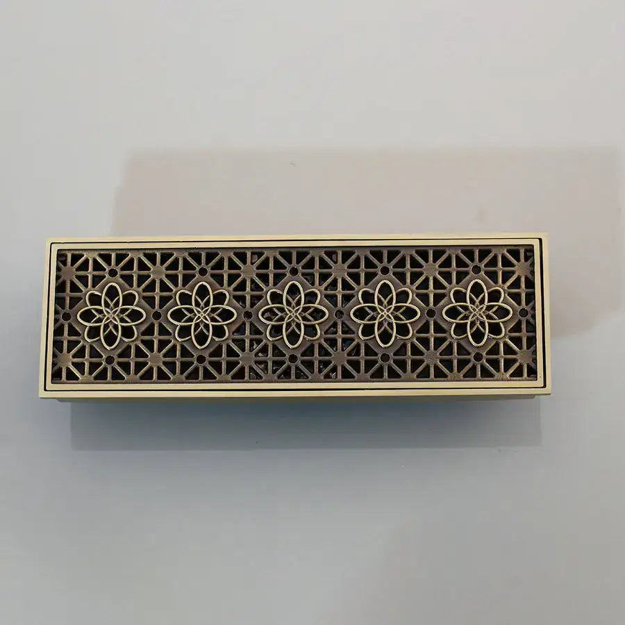 Antique brass floral rectangle floor drain strainer bathroom decor