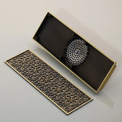 Antique brass floral rectangle floor drain strainer bathroom decor