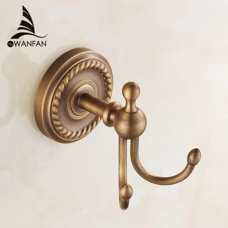 Antique brass robe hook ornate double towel hanger for bathroom