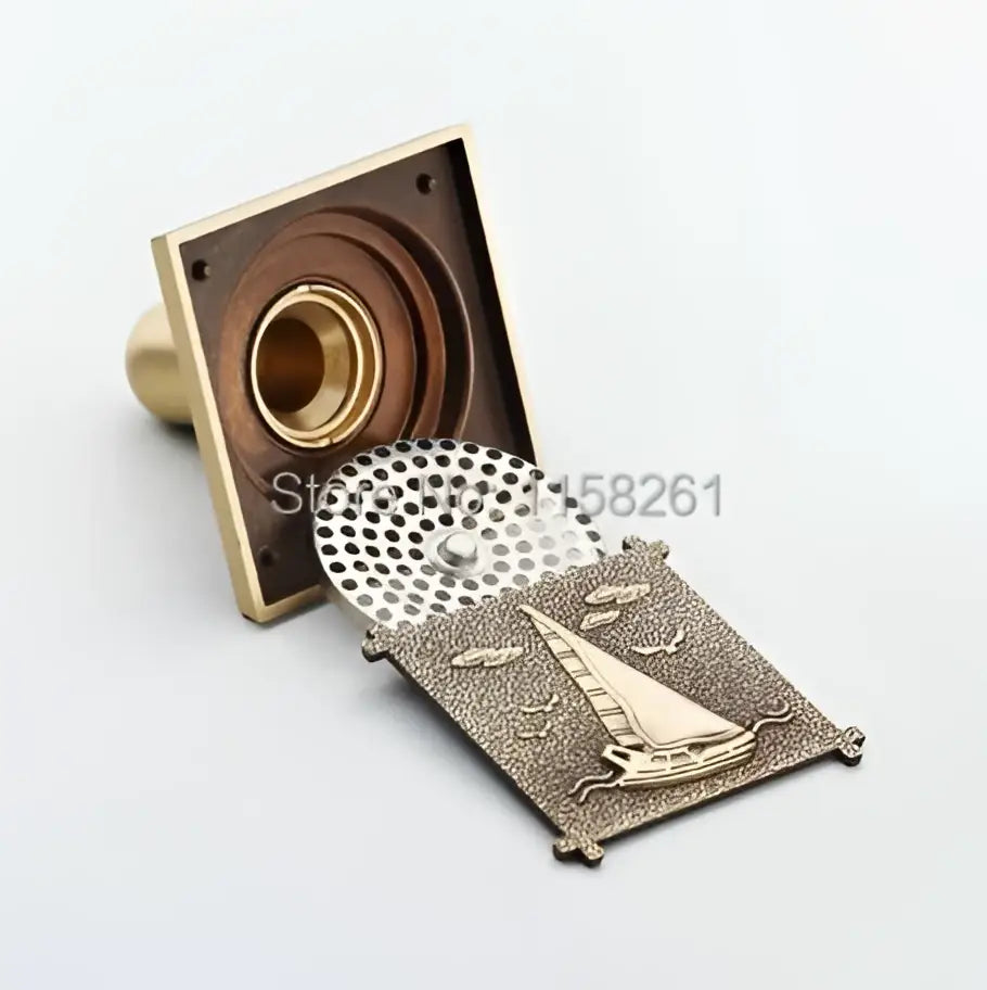 Antique brass shower drain with engraved chinese motifs bathroom cover