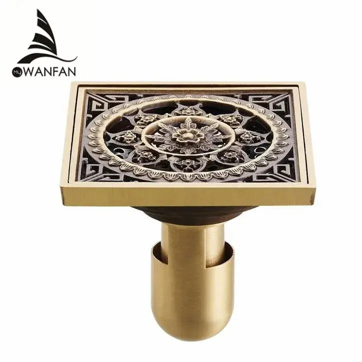 Antique brass shower drain with engraved chinese motifs bathroom cover