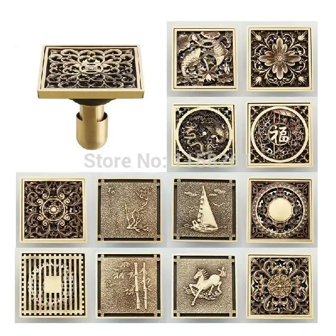 Antique brass shower drain with engraved chinese motifs bathroom cover