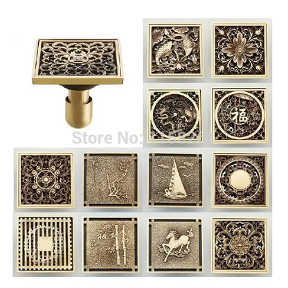 Antique brass shower drain with engraved chinese motifs bathroom cover